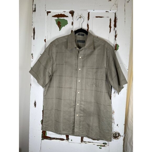 Lyle & Scott Scotland Mens Size M Short Sleeve Shirt Tan Linen Cotton Windowpane - Picture 3 of 9